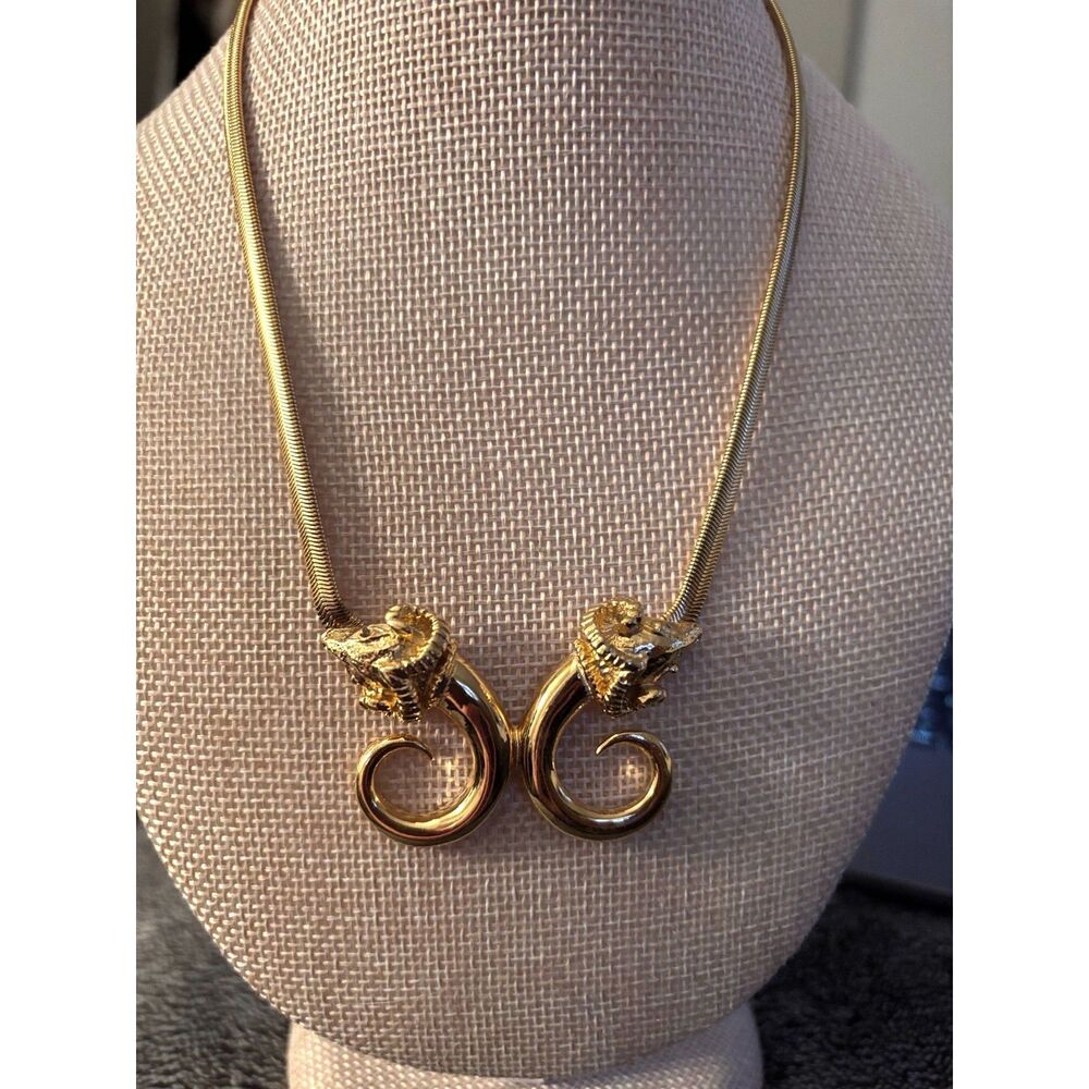 VTG Gold Tone Confronting Ram Heads Statement Choker Necklace